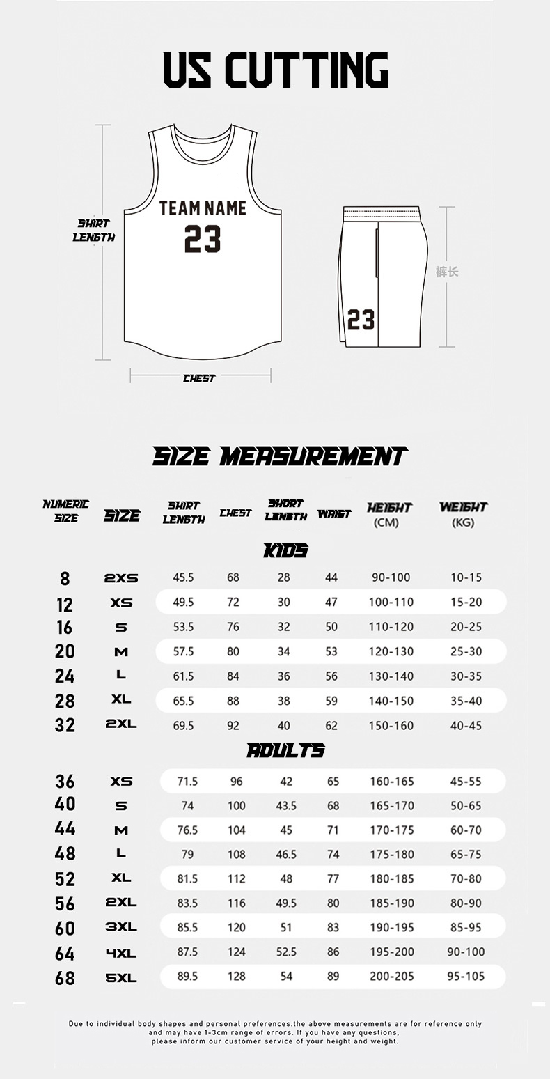 US Version Jersey Size Chart