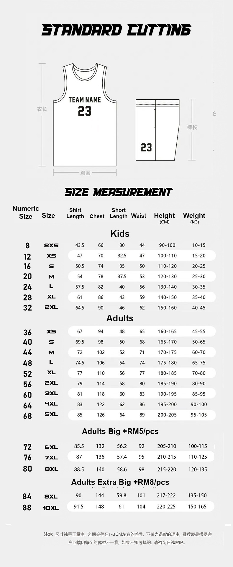 Standard Jersey Size Chart
