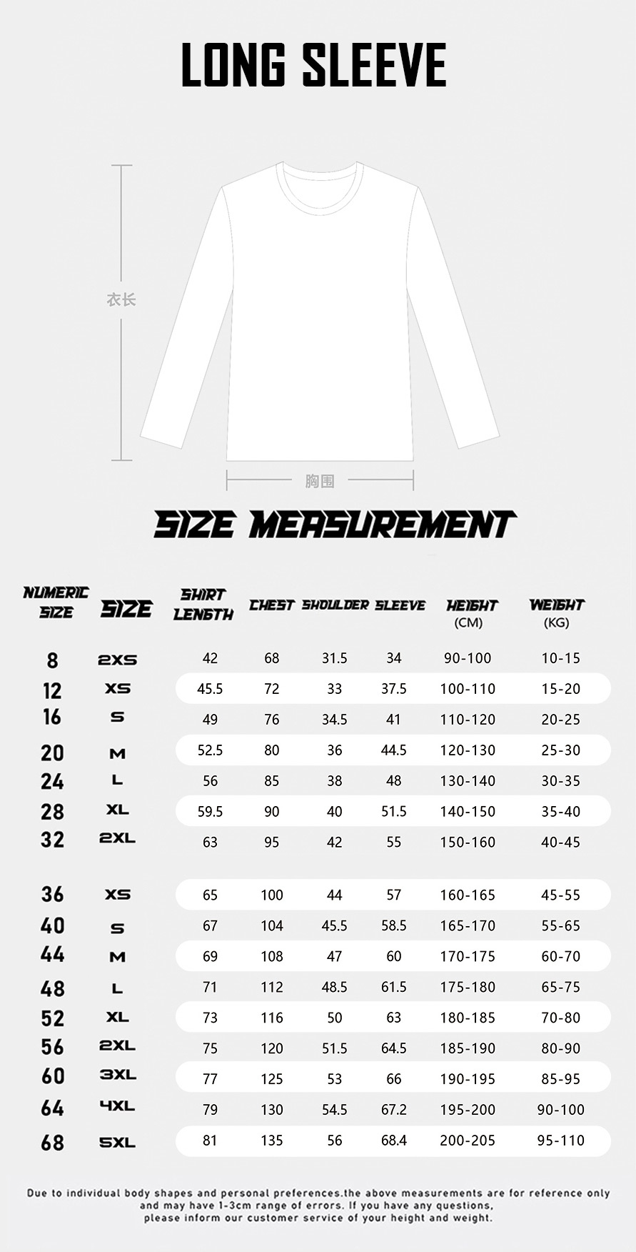 Long Sleeve T-Shirt Size Chart