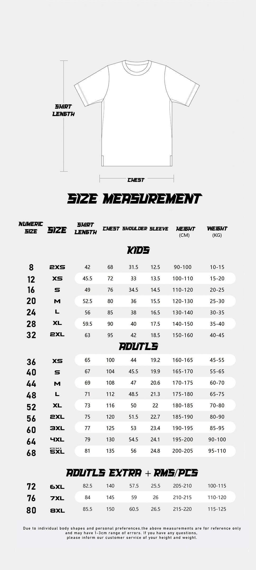 T-Shirt Size Chart